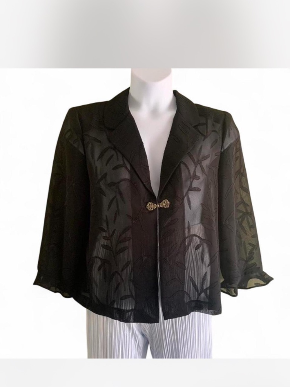 Whimsigoth Black Sheer Embroidered Evening Jacket with Decorative Clasp size S